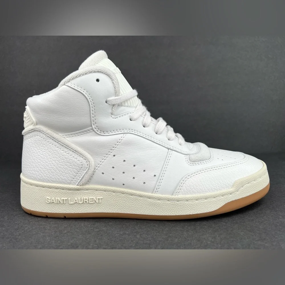 SAINT LAURENT SL 80 WOMEN SL/80 HIGH TOP LOGO YSL LEATHER SNEAKERS SIZE 39.5 - Picture 3 of 15